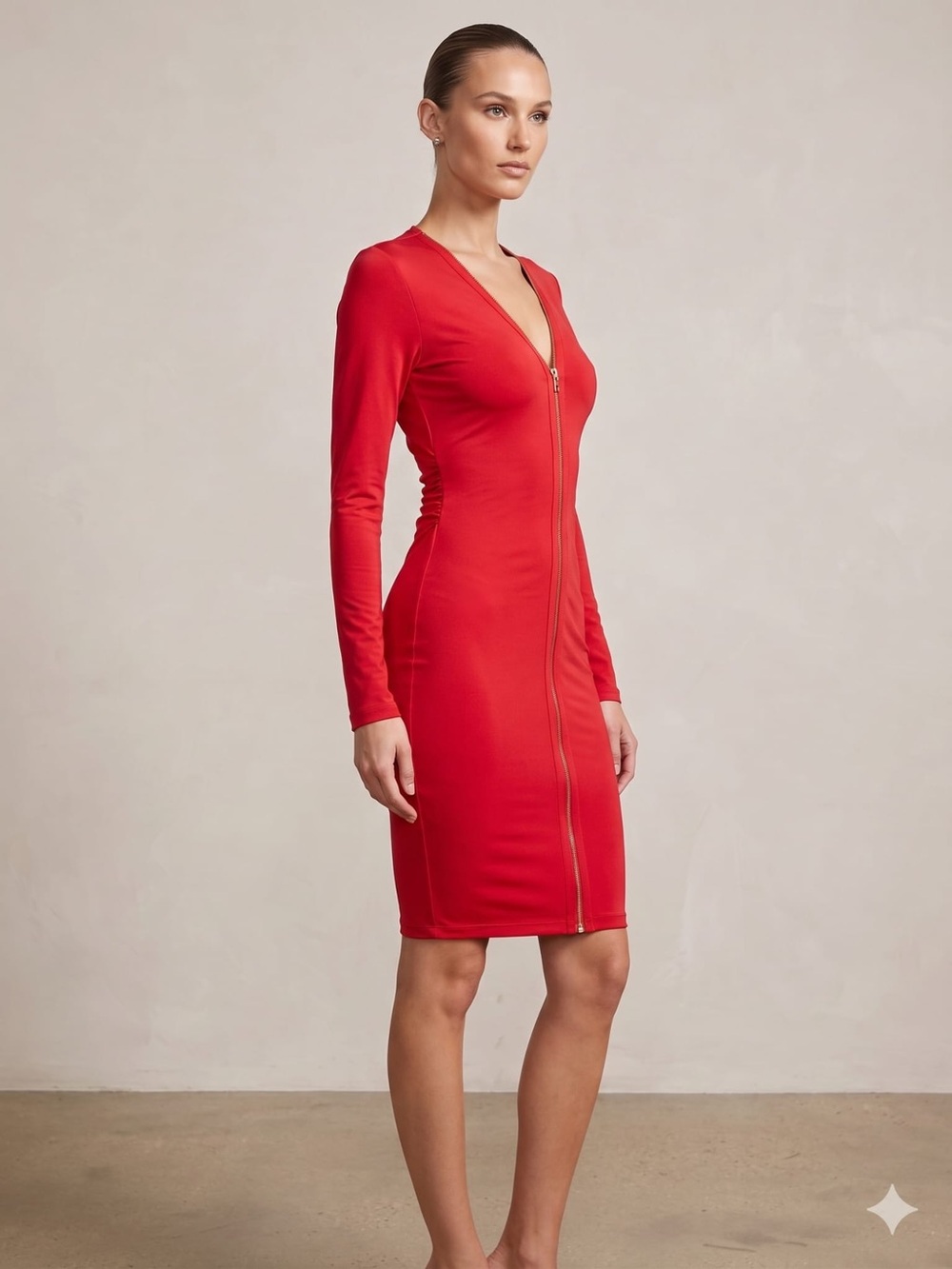 Red Long-Sleeve Zip-Front Bodycon Dress